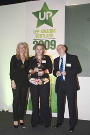 From left to right - Michelle Mone, Laura Rankine, HR Manager at beCogent and Matthew Nicholas from Job Centre Plus at the LEP Awards