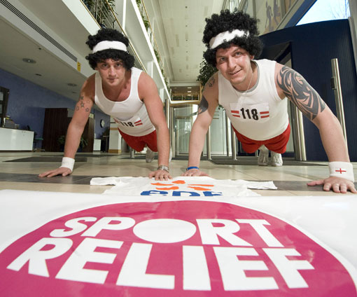Mark Lane (left) and Paul Marshland are warming up for their Sport Relief workouts