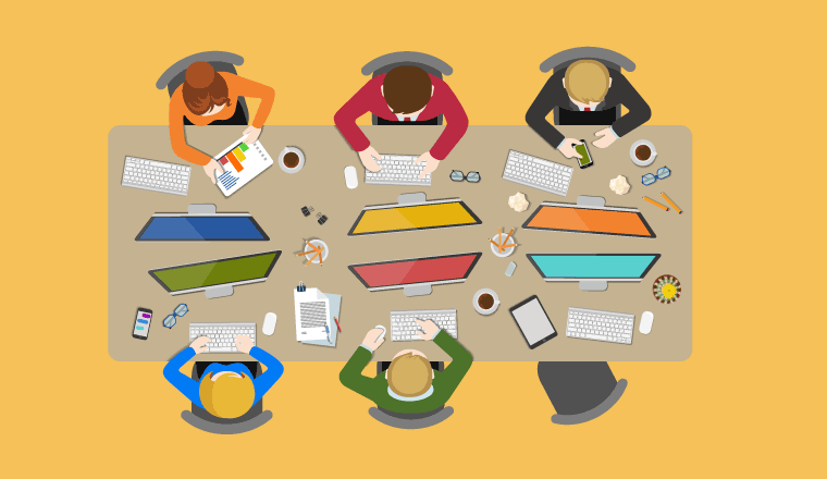 6 animated people work in at an open plan desk. top view