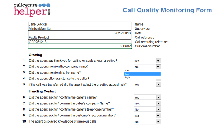 The front page of the call quality monitoring form, showing the different questions that score the agent. 