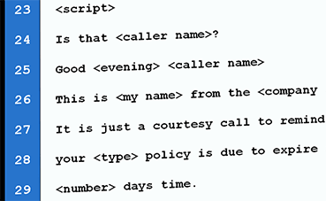 A snapshot of a call script for a call centre
