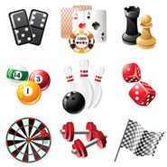 a selection of games like a dartboard and chess