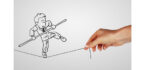 cartoon drawing of man on tightrope being held by a human hand