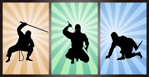 A series of three pictures of the silhouette of a ninja in 3 different poses