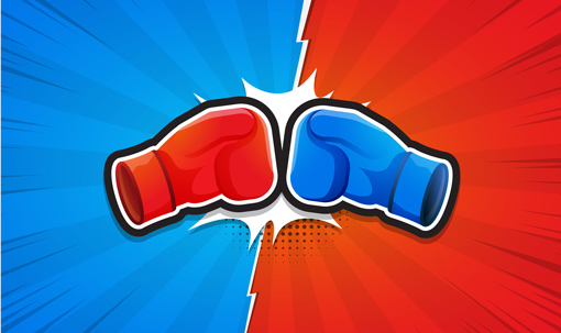 A red and a blue glove punch at each other, on the opposite coloured background