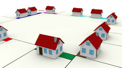 A number of houses are on coloured squares of a board