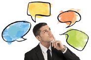 guy looking up at various coloured speech clouds
