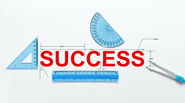 The word success is written in red, with a compass, a set square, protractor, and a ruler surrounding it