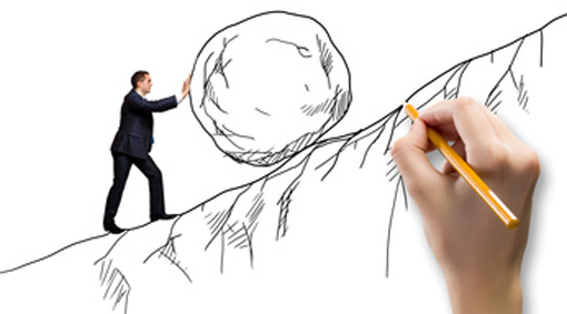 man pushing rock up hill