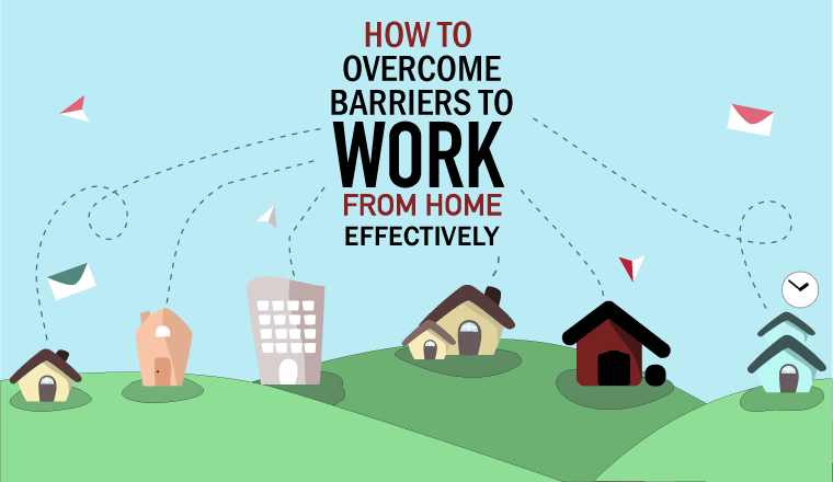 6 houses are joined by wires to the central text of 'How to Overcome the Barriers to Work From Home Efffectively'