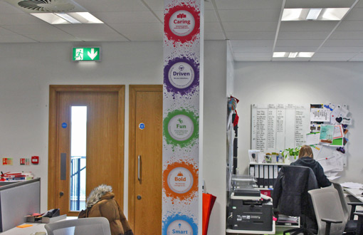 The walls of the AO contact centre have brightly coloured posters about the company values