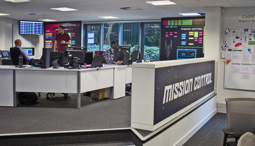 An area of the contact centre is called mission control, where small teams focus on key performance indicators that are displayed on the wall. 