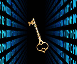 A gold key surrounded by binary code - unlocking data concept