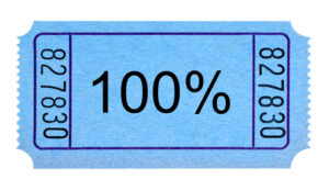 A blue raffle ticket with 100% written on it