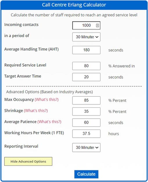 A screenshot of data being input into an Erlang Calculator