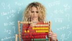 Girl with abacus on a cyan background