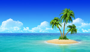 A small island with three palm trees on, is surrounded by light coloured water