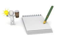 A cartoon figure holds a coffee and a lightbulb, standing next to a notepad.