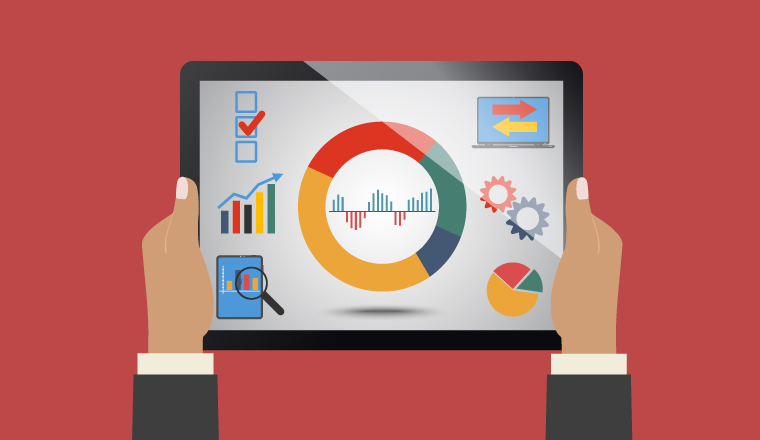 A pair of hands holds an ipad with statistic graphics on it