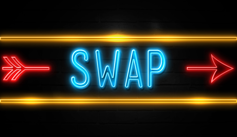 In neon lighting the word swap is between a red arrow