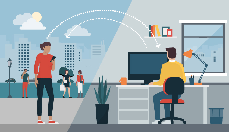 A transfer takes place between two people, one in an office, and one outside.