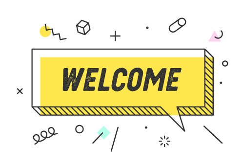 A yellow speech bubble has the word welcome in it