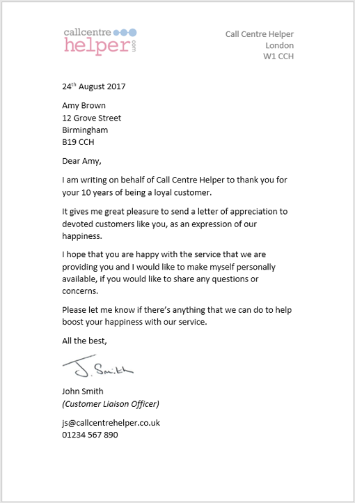 Customer Thank You Letter from www.callcentrehelper.com