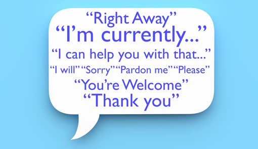 A white speech bubble on a light blue background, with courtesy words such as 'Right Away, I'm Currently, I can help you with that, I will, sorry, Pardon me, You're welcome, Please, Thank you