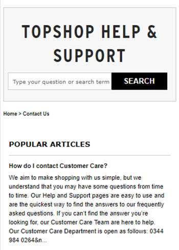 In this screenshot (taken from an iPhone 5) of the Topshop customer service website, useful information is hidden in a block of text that's difficult to read.