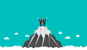 Illustration of two men with speaker phones on top of a mountain