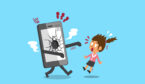 An illustration of a broken phone walking toward an alarmed lady