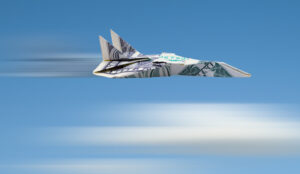A paper airlplane made of money flys through the sky