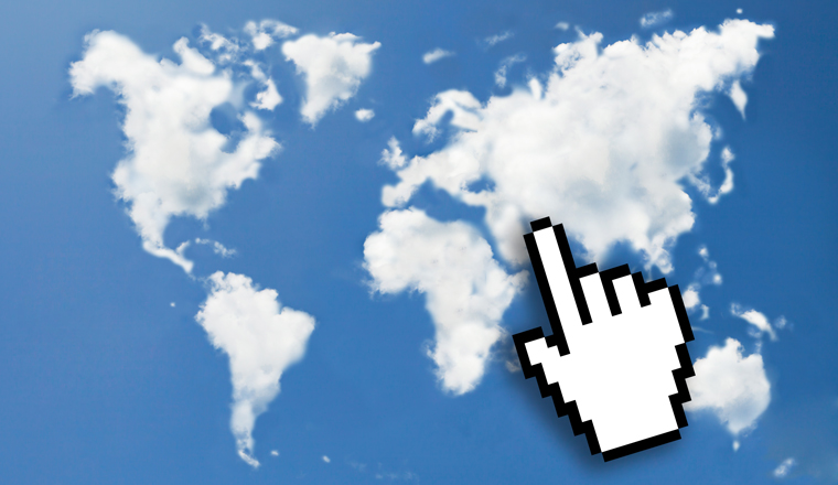 A digital cursor hovers over a cloud map of the world