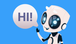 A small white robot says hi