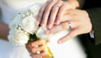 Wedding rings, bouqet and hands holding