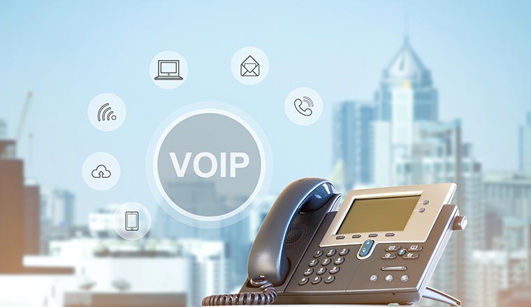 VOIP phone on city background