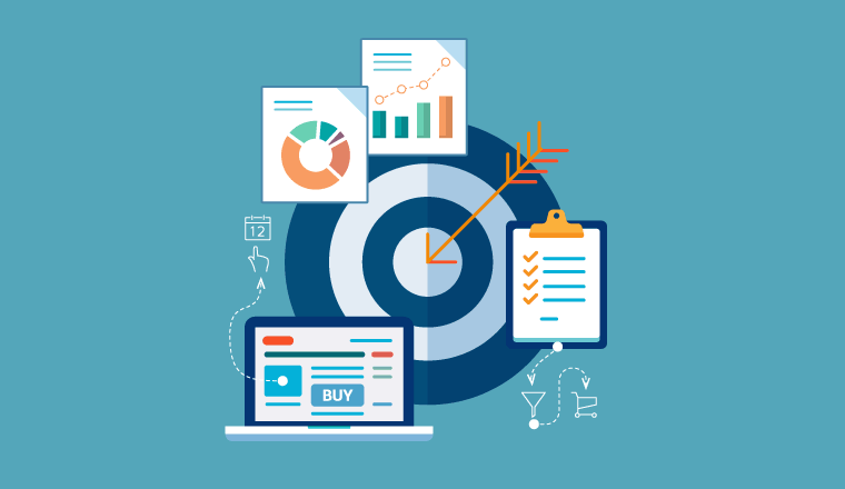 A target with an arrow through it is surrounded by graphs and tick lists