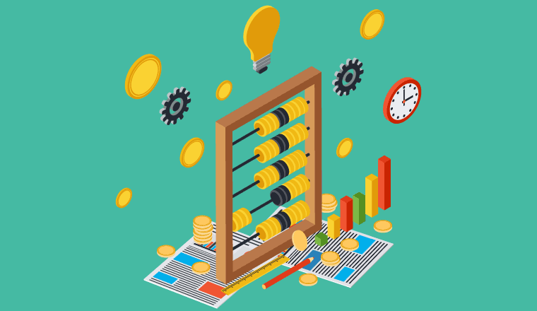 An abacus with yellow and grey coins and graphs surrounding it