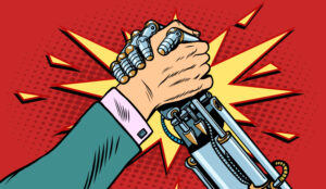 A cartoon of two arms engaged in an arm wrestle, one is a robot arm and one is a human arm.