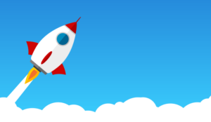 A cartoon rocket launches through the clouds