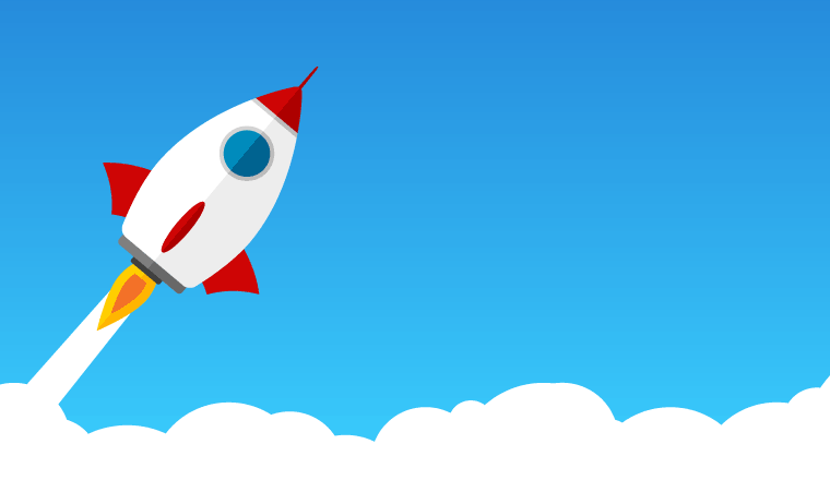 A cartoon rocket launches through the clouds