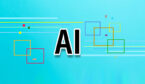 The words AI on blue background with some coloured squares decoration