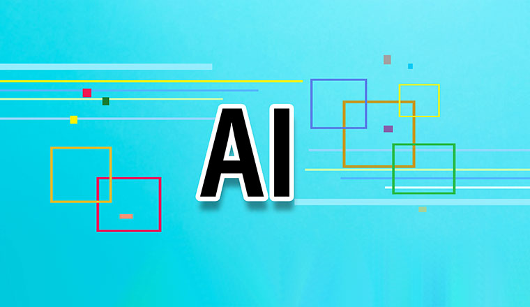 The words AI on blue background with some coloured squares decoration