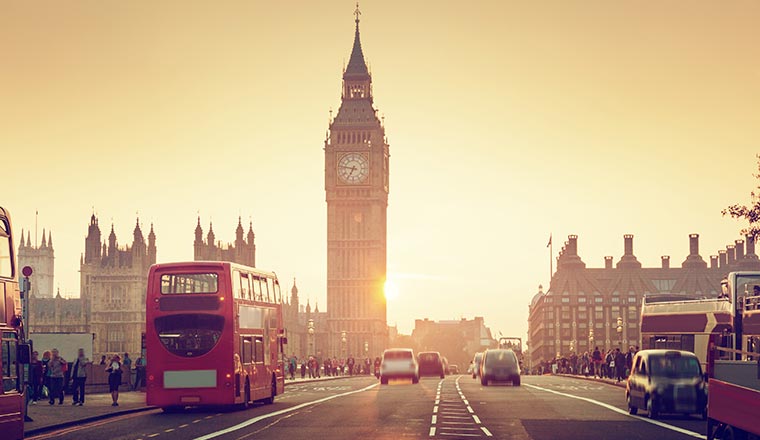 A photo of Westminster Bridge at sunset, London