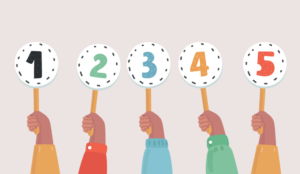 Three hands hold up marker paddles with the numbers one to five on them