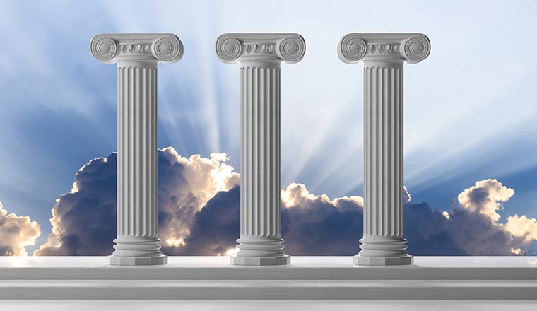 Three marble pillars of sustainability on blue cloudy sky background