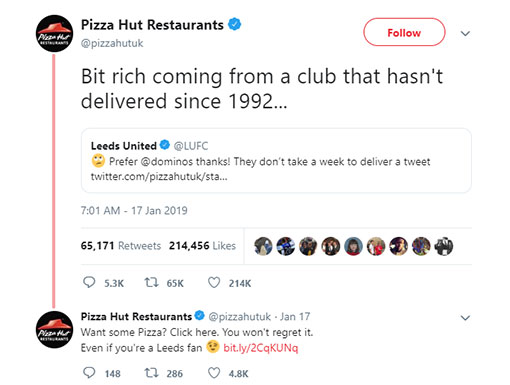 Pizza Hut had an amusing back-and-forth with Leeds United on Twitter.