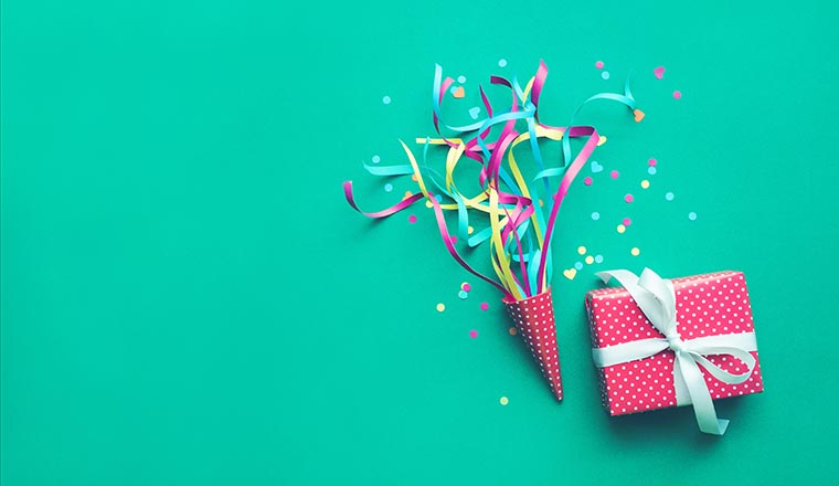 Party backgrounds with colorful confetti, streamers and gift box.