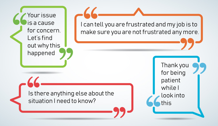 four quotes bubbles for angry customers saying: "Your issue is a cause for concern. Let's find out why this happened," "I can tell you are frustrated and my job is to make sure you are not frustrated any more"," Is there anything else about the situation I need to know?", "Thankyou for being patient while I look into this"