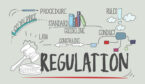 A graphic with the words procedure, compliance, standard, guideline, rrules,conduct,constraint,law and regulation all connected together wit arrows.